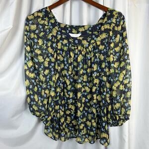 Lauren Conrad Long Sleeve Chiffon Top Black With Lemons And Flowers M Feminine